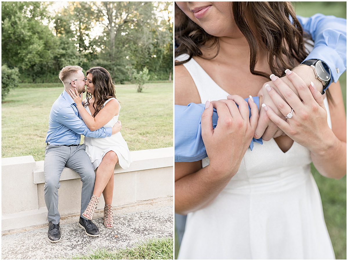 Couple kissing on wall during summer engagement photos at Holcomb Gardens in Indianapolis