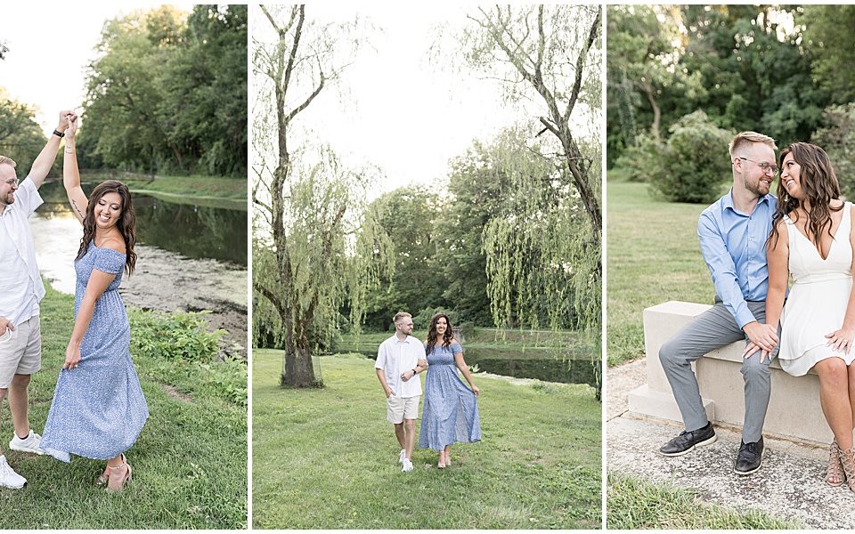 Couple under willow tree at summer engagement photos at Holcomb Gardens in Indianapolis