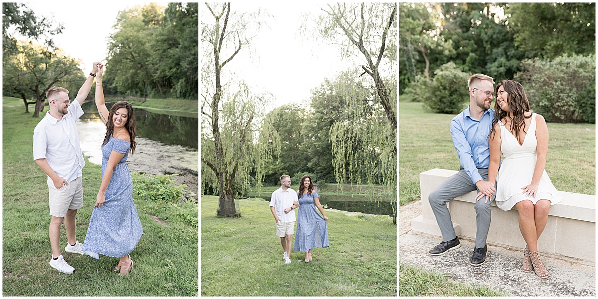 Couple under willow tree at summer engagement photos at Holcomb Gardens in Indianapolis