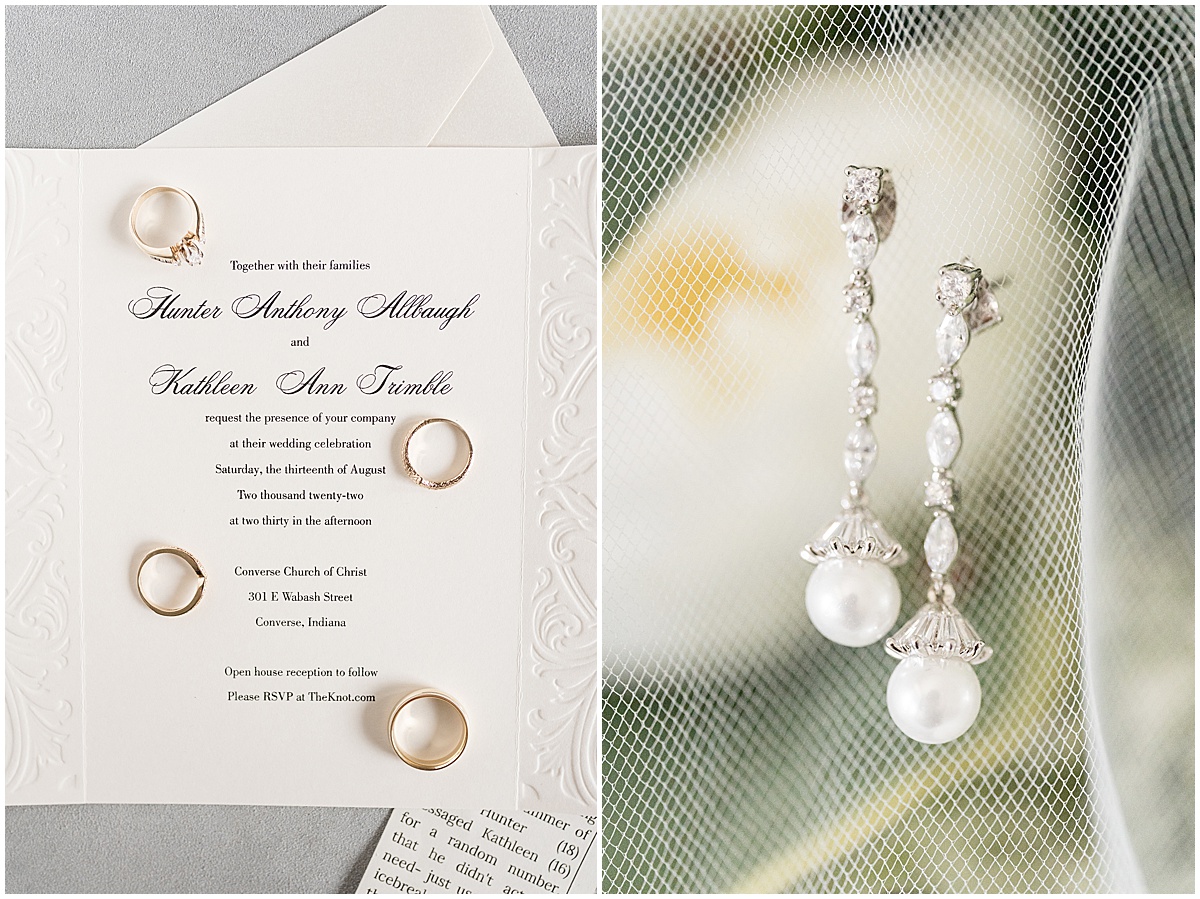 Invitation and earring detail for wedding in Converse, Indiana