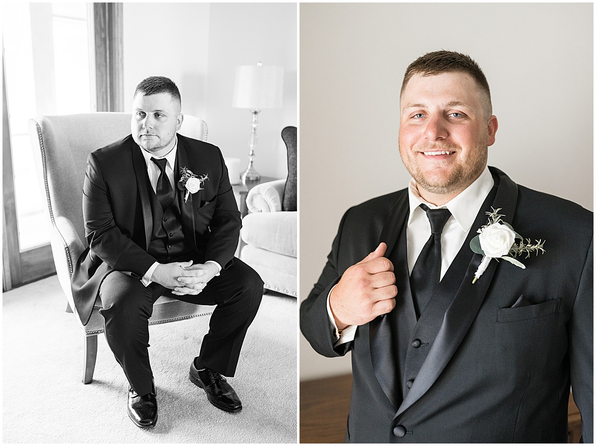 Groom sitting in chair before wedding in Converse, Indiana