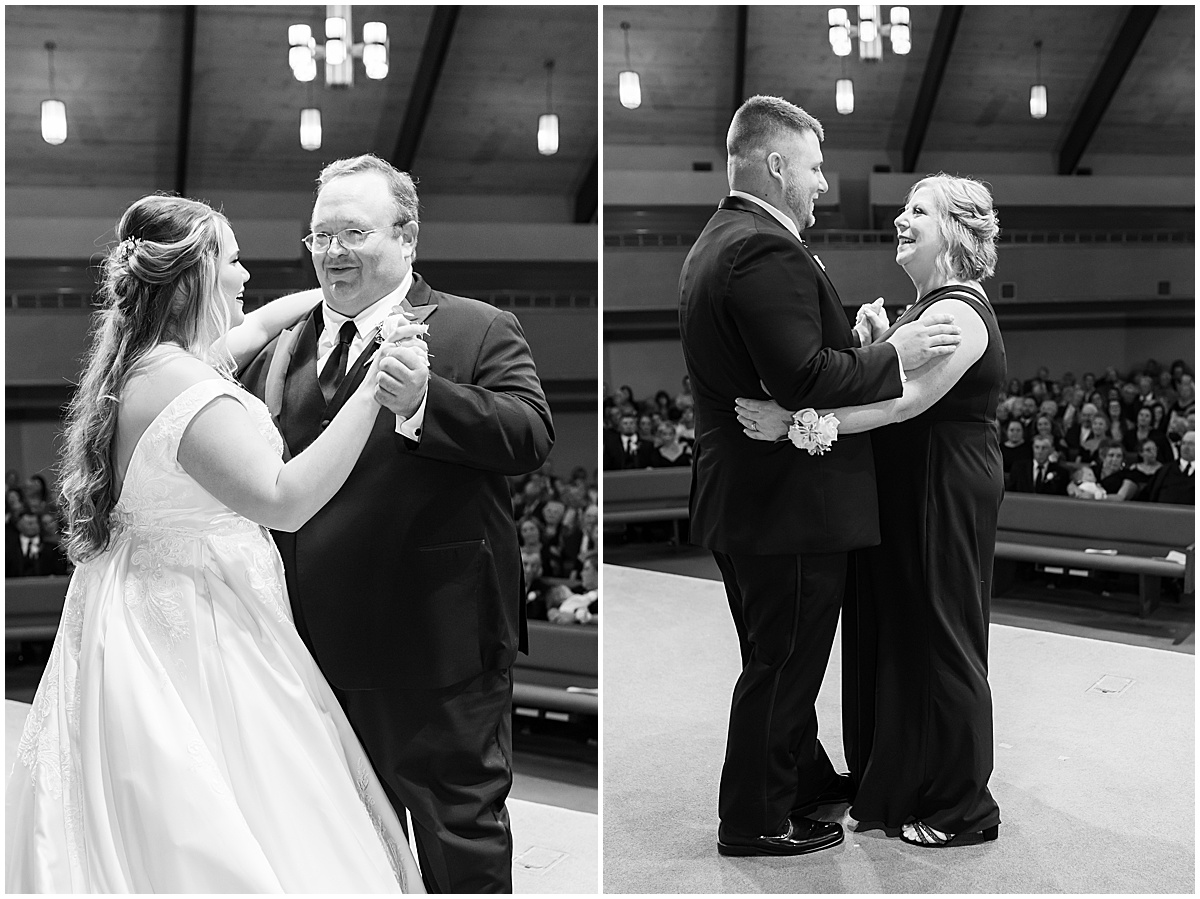 Dancing with parents at wedding in at Converse Church of Christ in Converse, Indiana