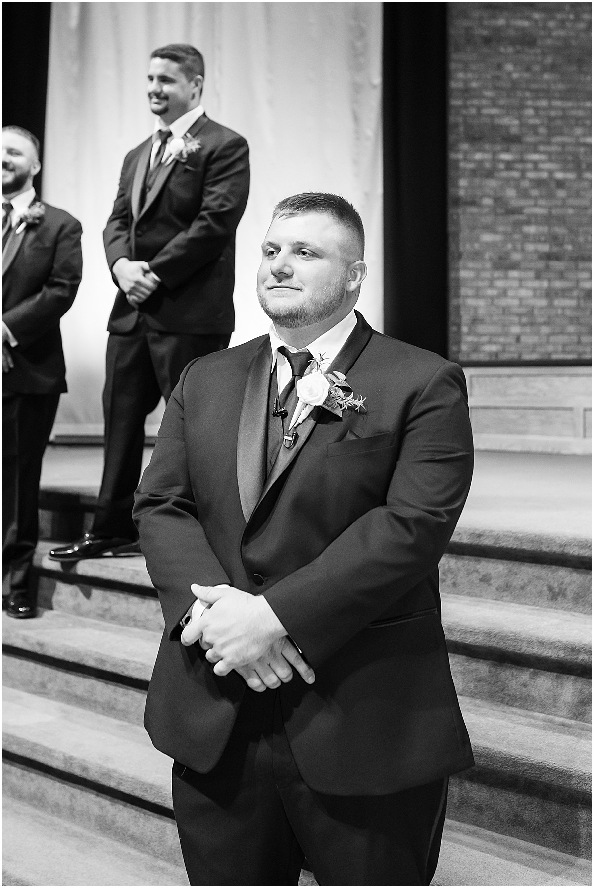 Grooms reaction to bride at wedding in at Converse Church of Christ in Converse, Indiana