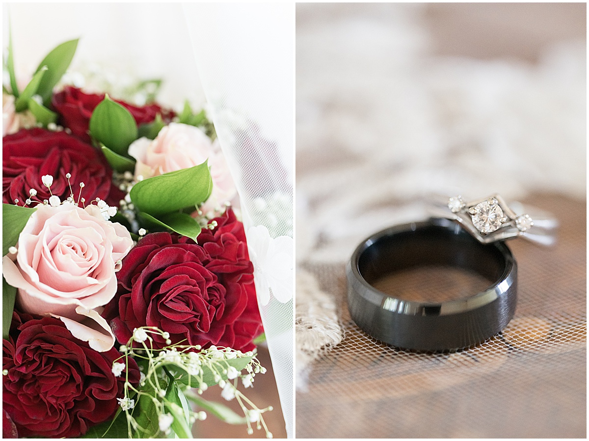 Flower and ring details at Churchill Farms wedding in Lake Village, Indiana