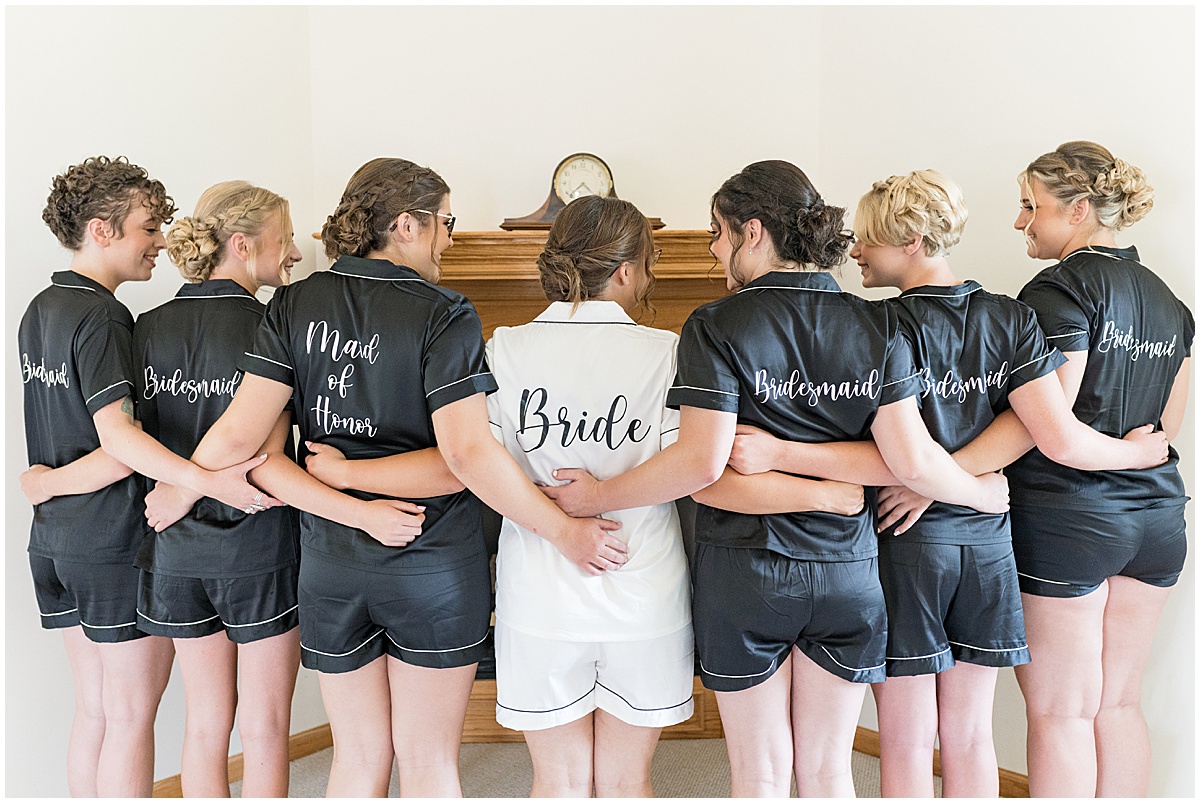 Bride and bridesmaids in matching outfits before Churchill Farms wedding in Lake Village, Indiana