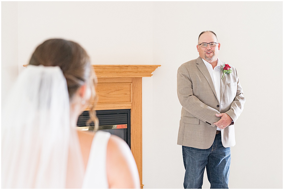 Bride first look with father for Churchill Farms wedding in Lake Village, Indiana
