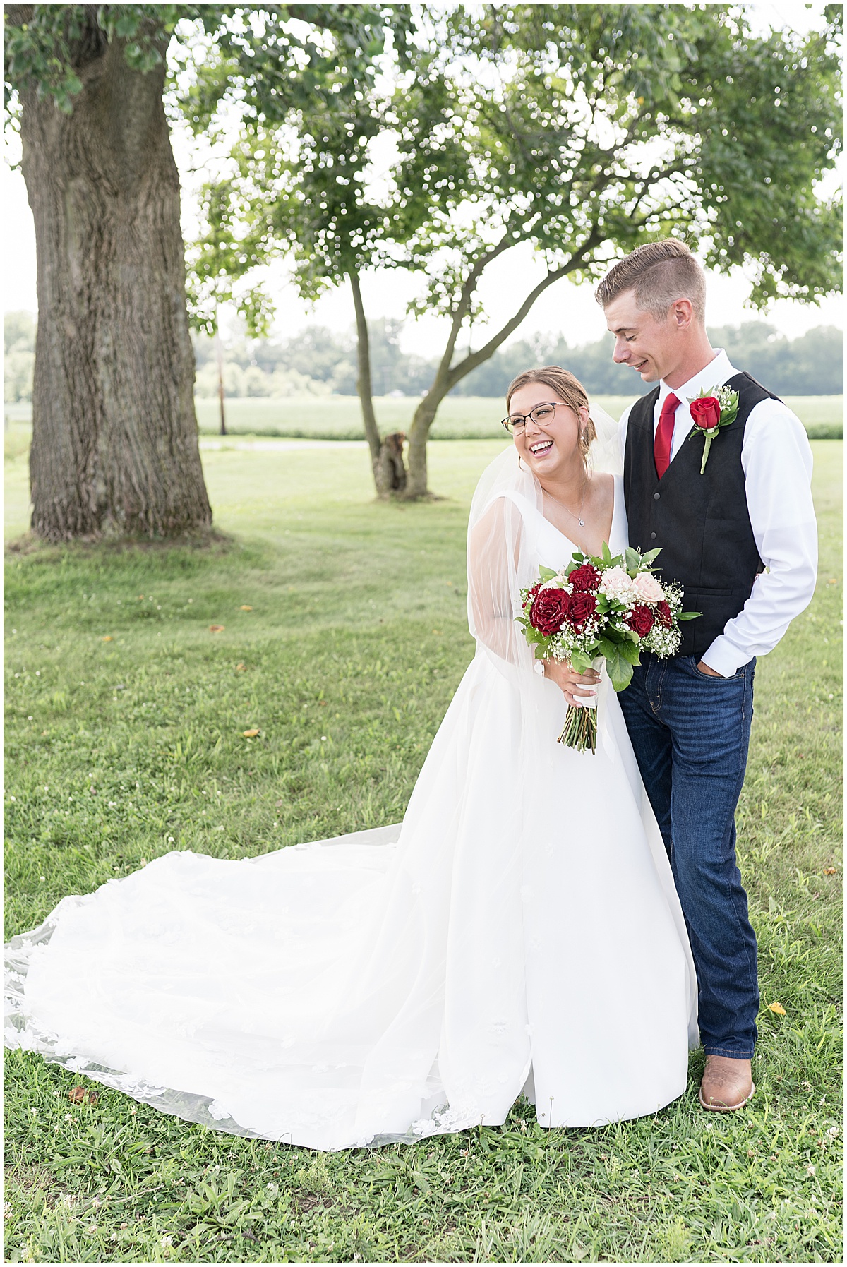 Bride and groom laugh before Churchill Farms wedding in Lake Village, Indiana