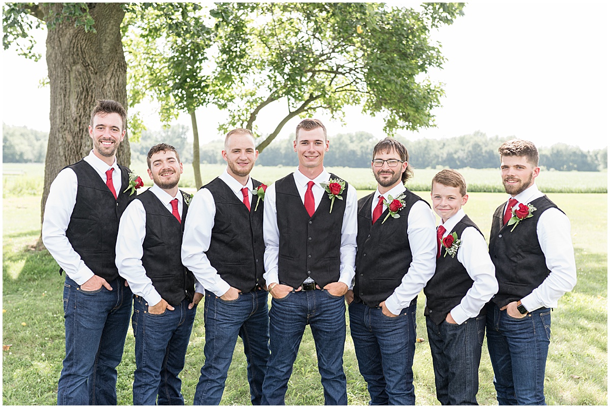 Groom with groomsmen at family farm for Churchill Farms wedding in Lake Village, Indiana