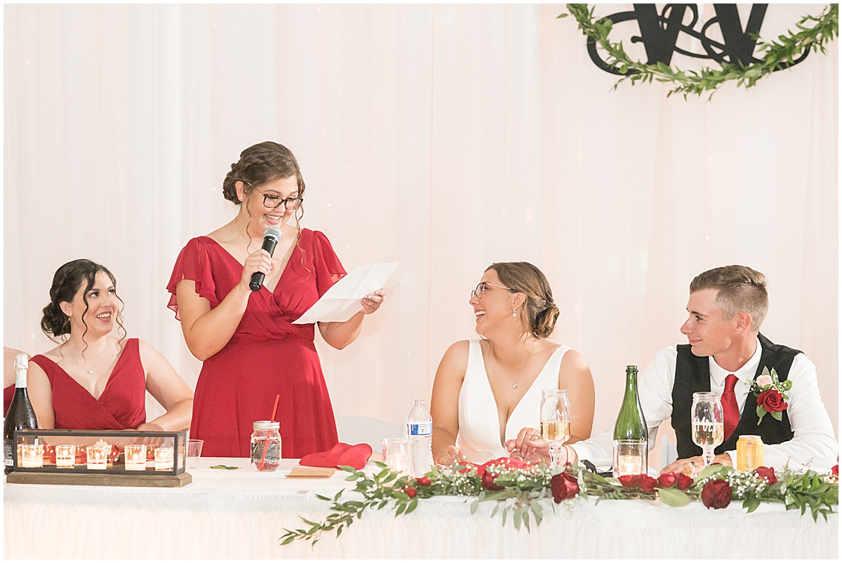 Maid of honor speech at Churchill Farms wedding in Lake Village, Indiana