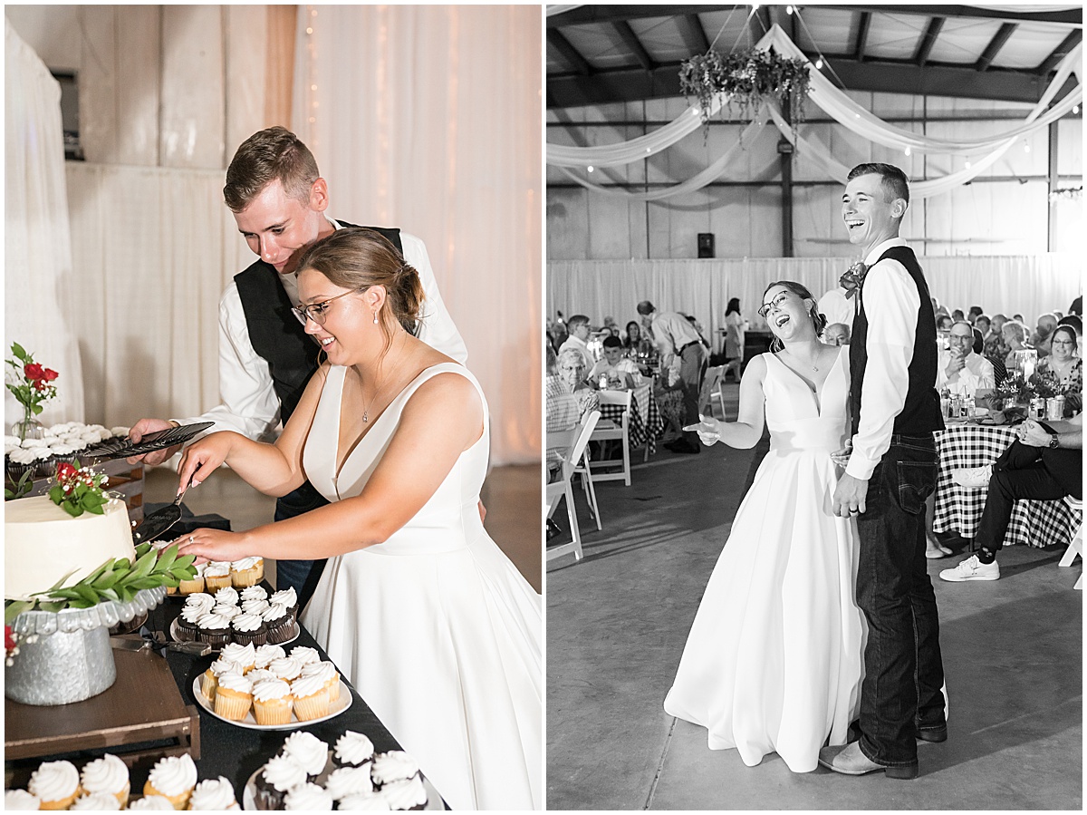 Cake cutting and reception fun at Churchill Farms wedding in Lake Village, Indiana