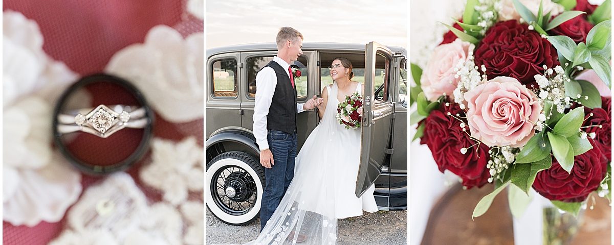 Couple in vintage car at Churchill Farms wedding in Lake Village, Indiana