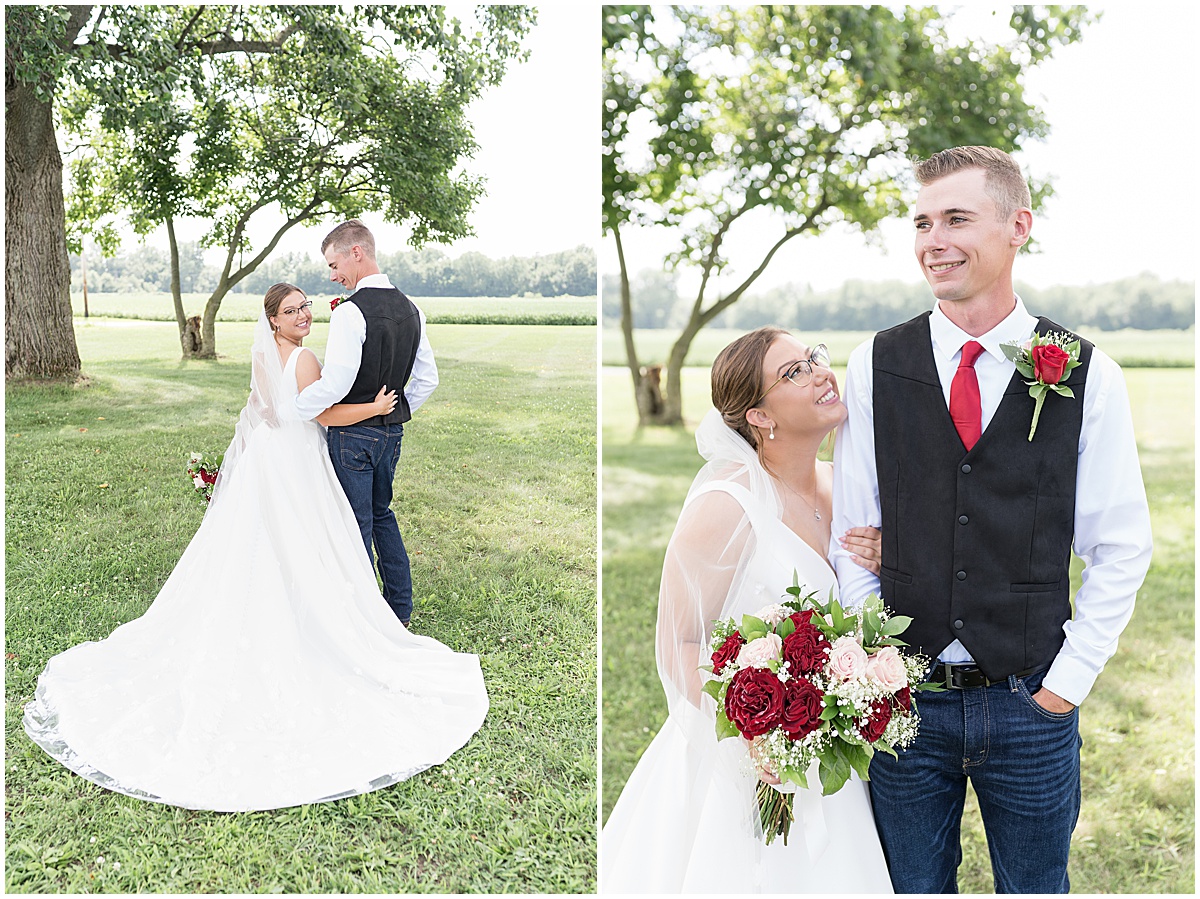 Bride and groom hold each other at Churchill Farms wedding in Lake Village, Indiana