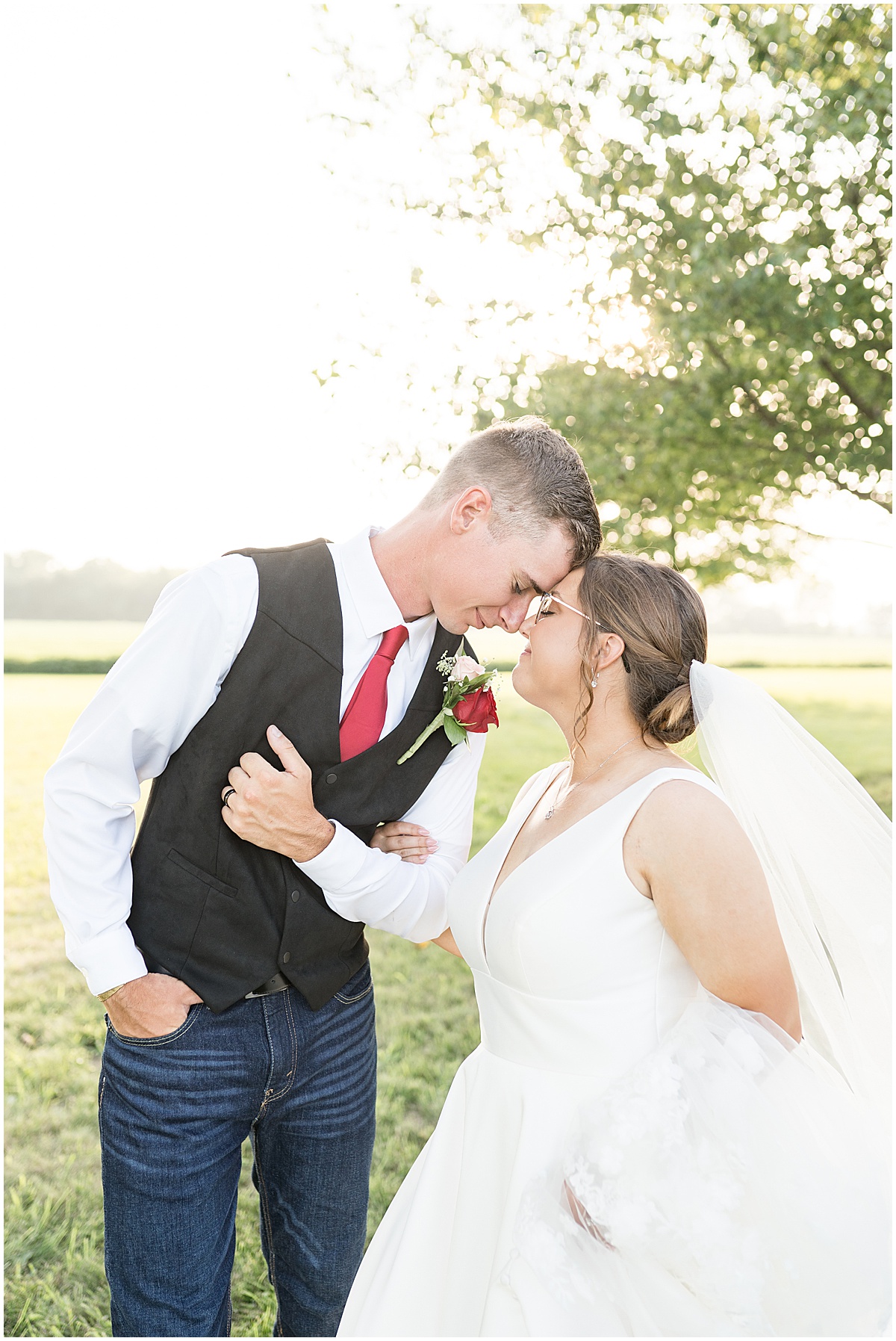 Bride and groom get close for photos after Churchill Farms wedding in Lake Village, Indiana