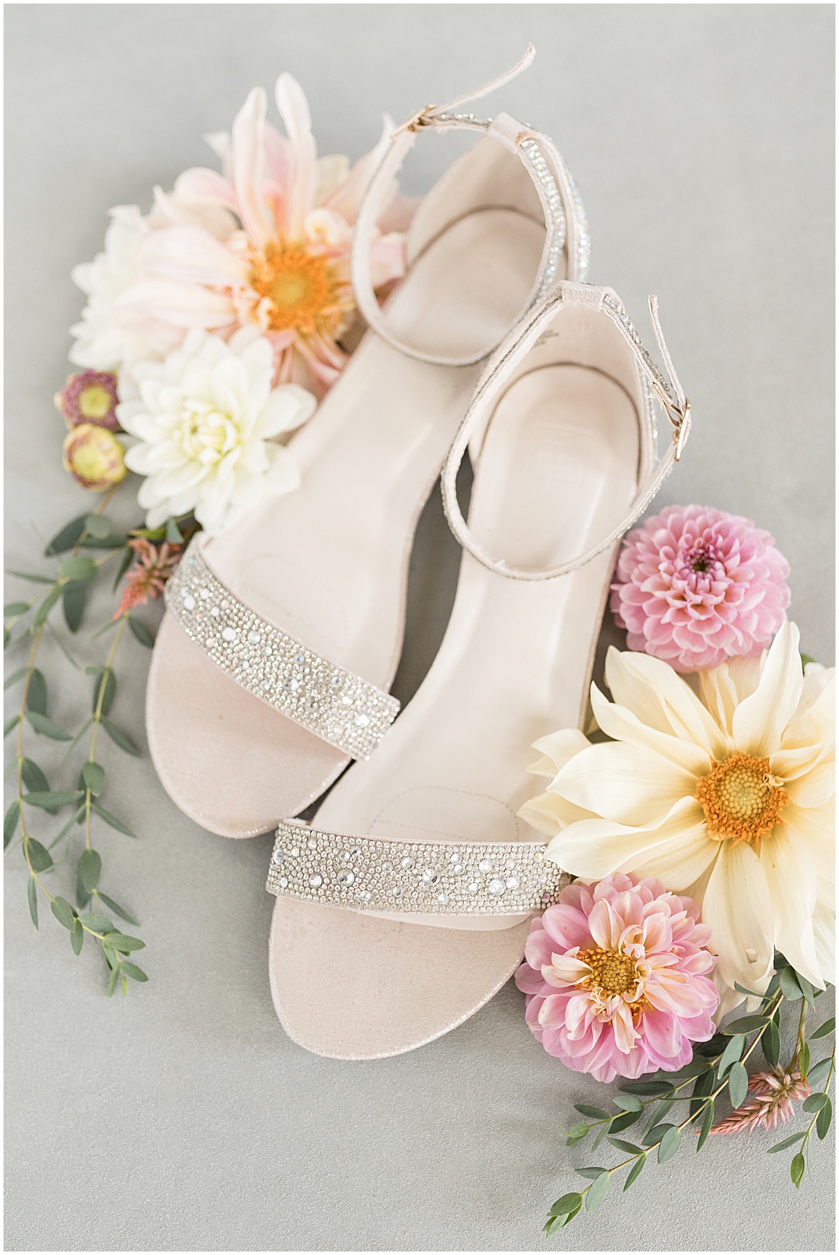 Bridal shoe detail for pastel wedding at New Journey Farms in Lafayette, Indiana