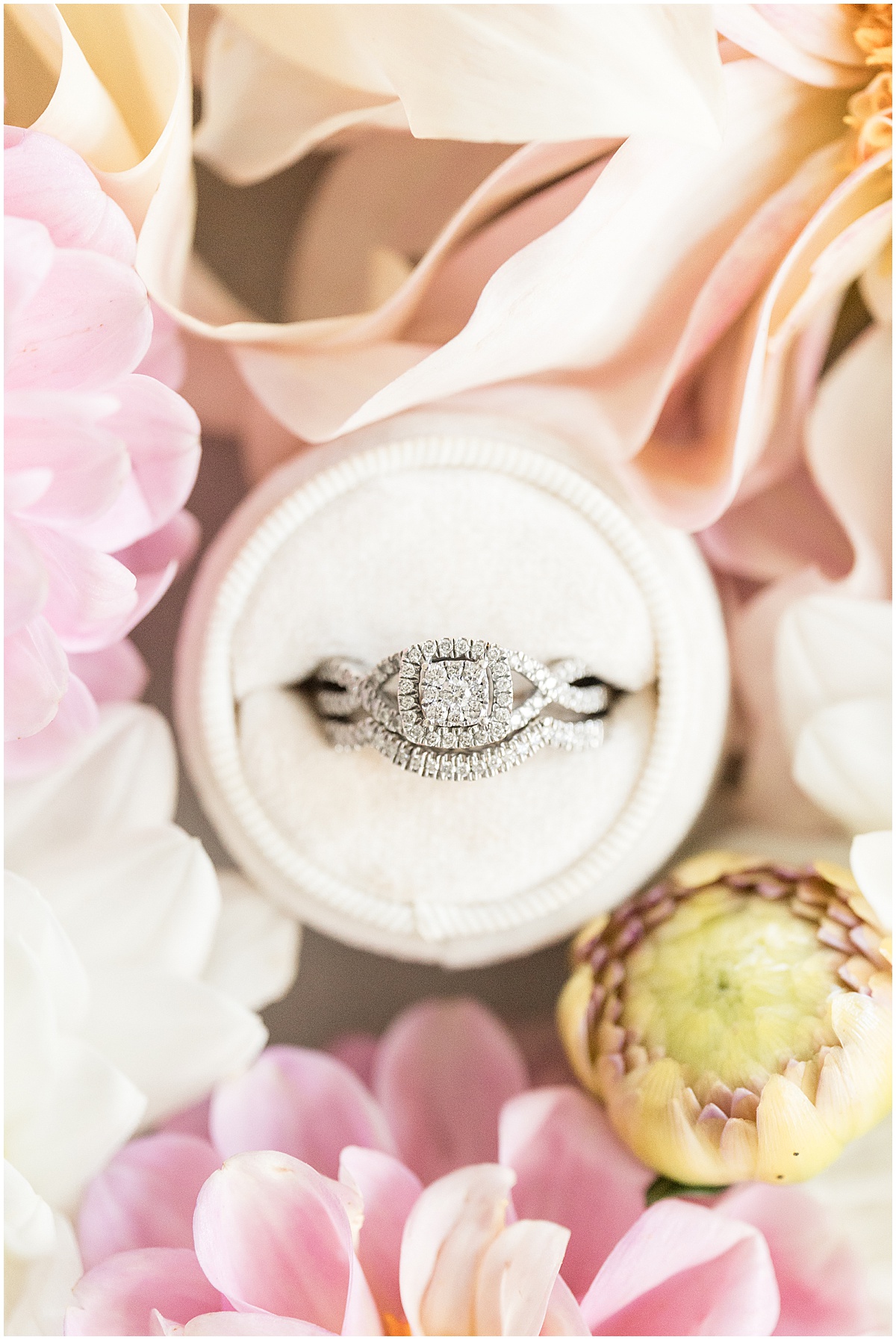 Ring detail for pastel wedding at New Journey Farms in Lafayette, Indiana