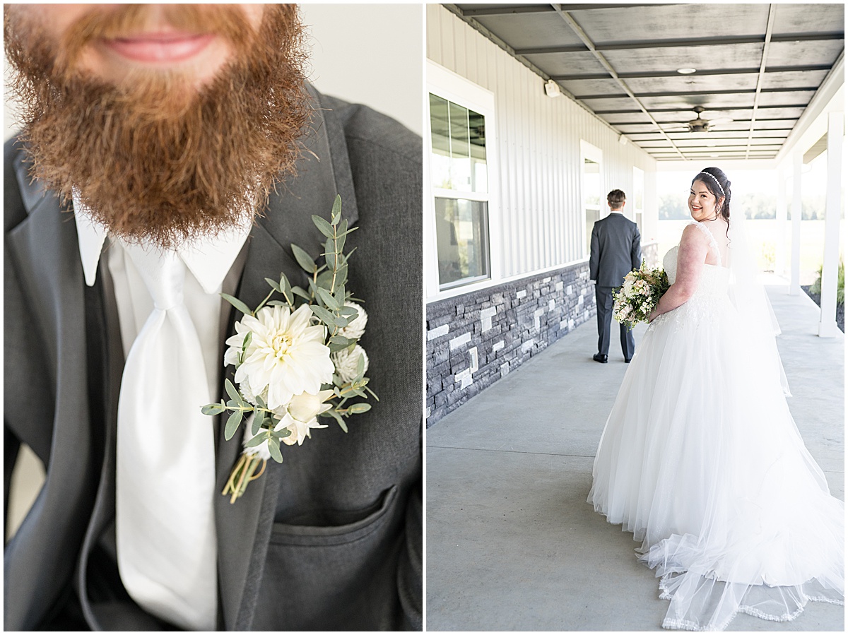 Bride walking up to groom during first look at pastel wedding at New Journey Farms in Lafayette, Indiana