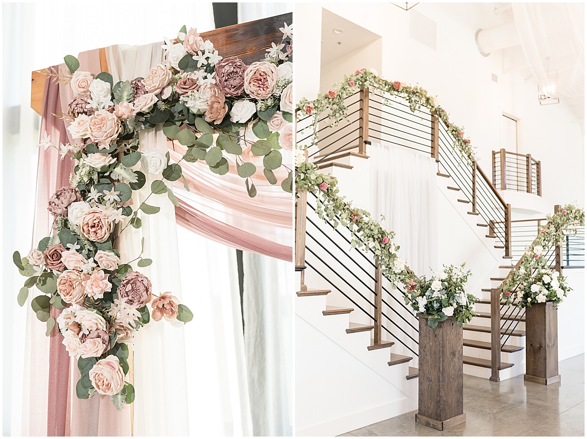 Pink flower garland for pastel wedding at New Journey Farms in Lafayette, Indiana