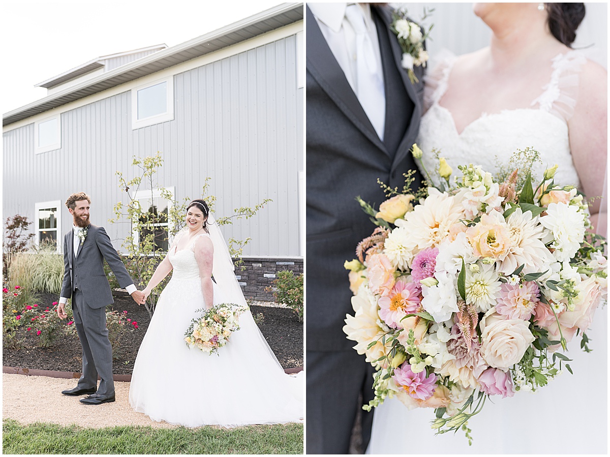Bride and groom walk holding hands after pastel wedding at New Journey Farms in Lafayette, Indiana
