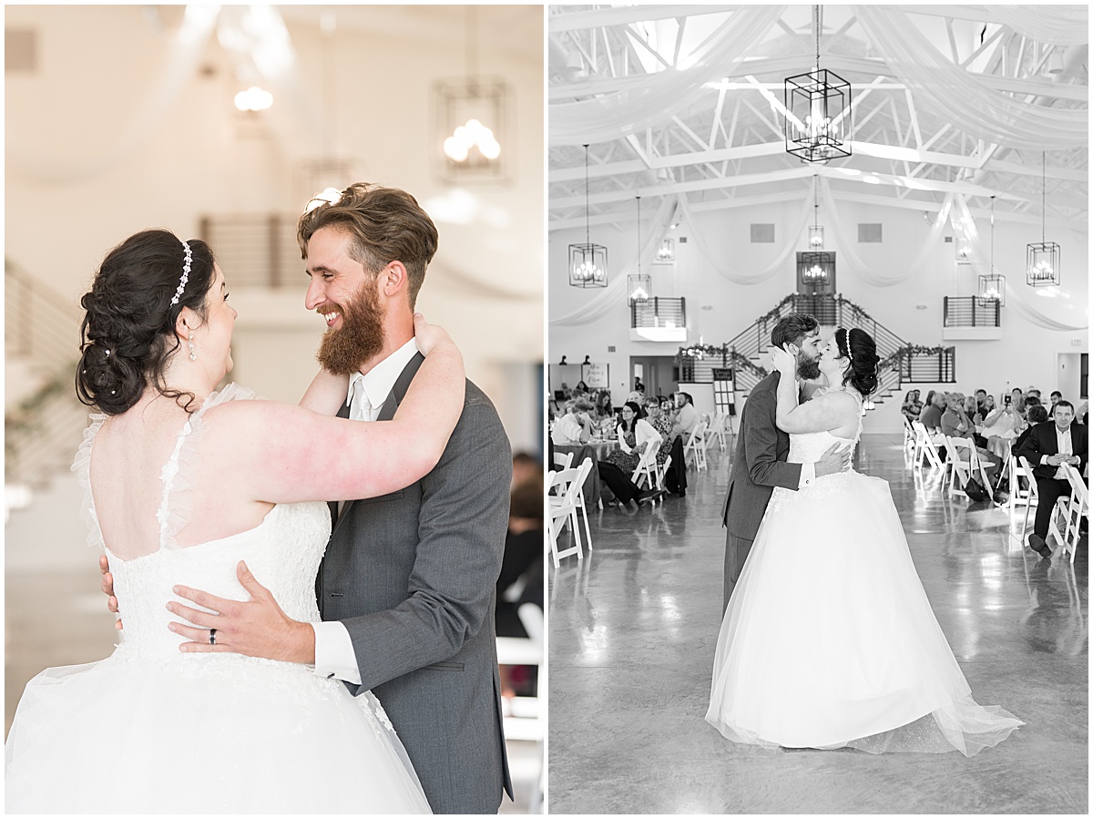 Bride and groom first dance at pastel wedding at New Journey Farms in Lafayette, Indiana