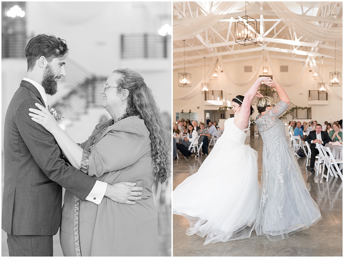 Couple dances with parents at pastel wedding at New Journey Farms in Lafayette, Indiana