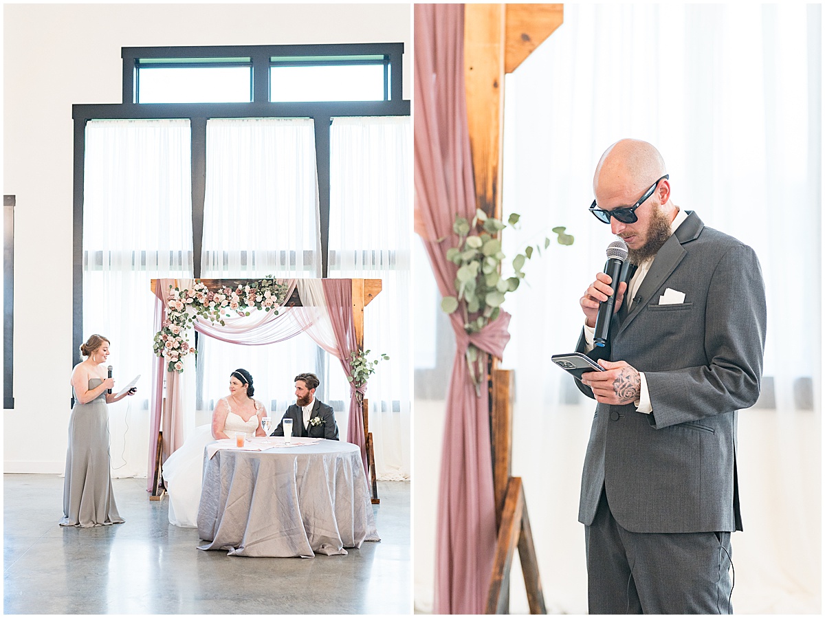 Wedding speeches at pastel wedding at New Journey Farms in Lafayette, Indiana