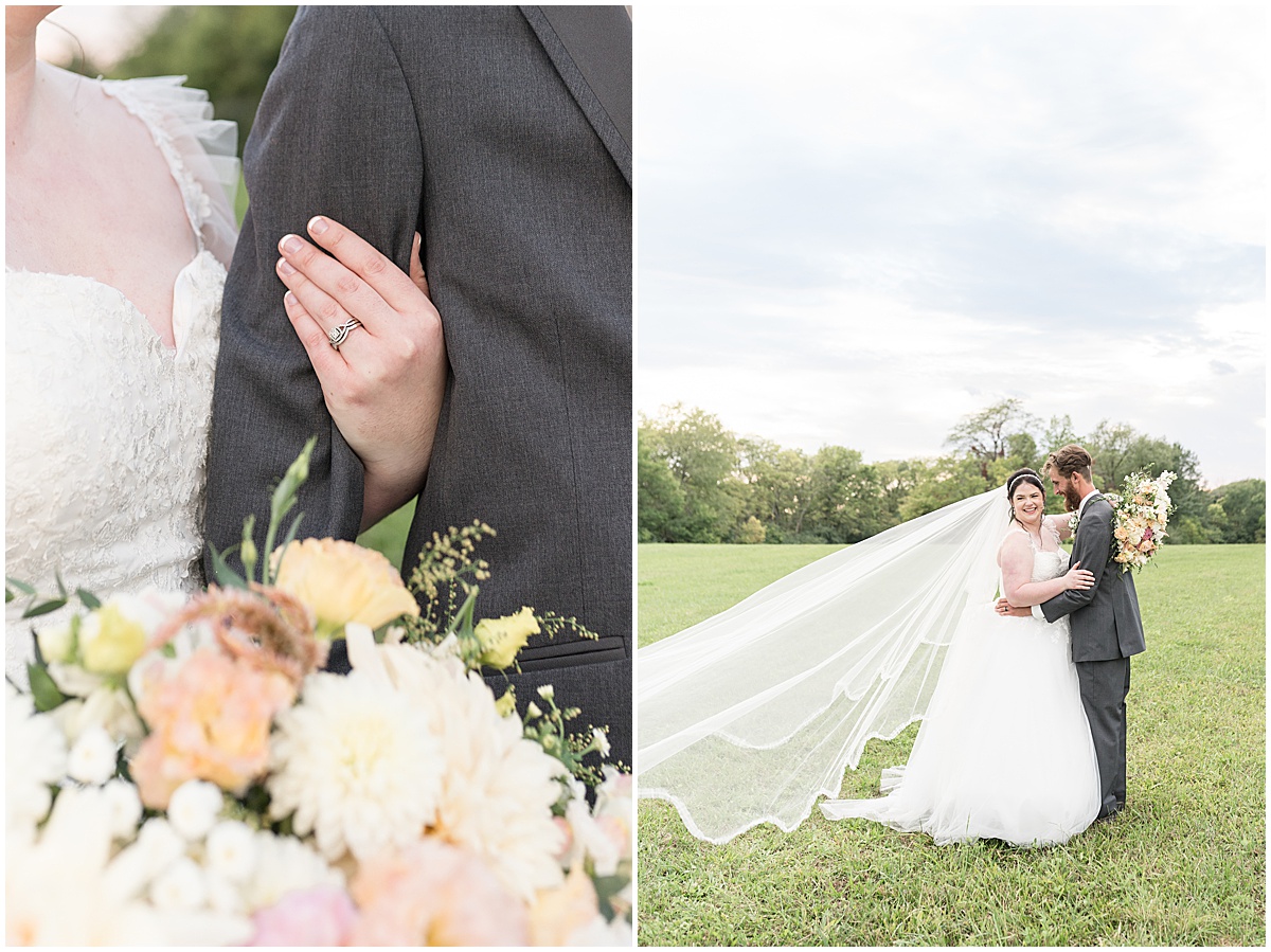 Close up of bride holding grooms arm after pastel wedding at New Journey Farms in Lafayette, Indiana