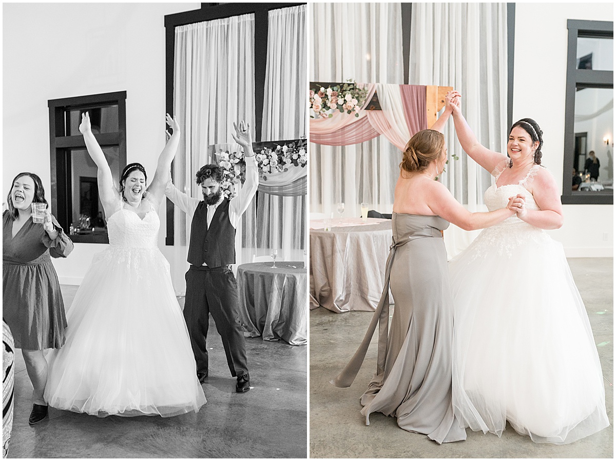 Reception dancing at pastel wedding at New Journey Farms in Lafayette, Indiana