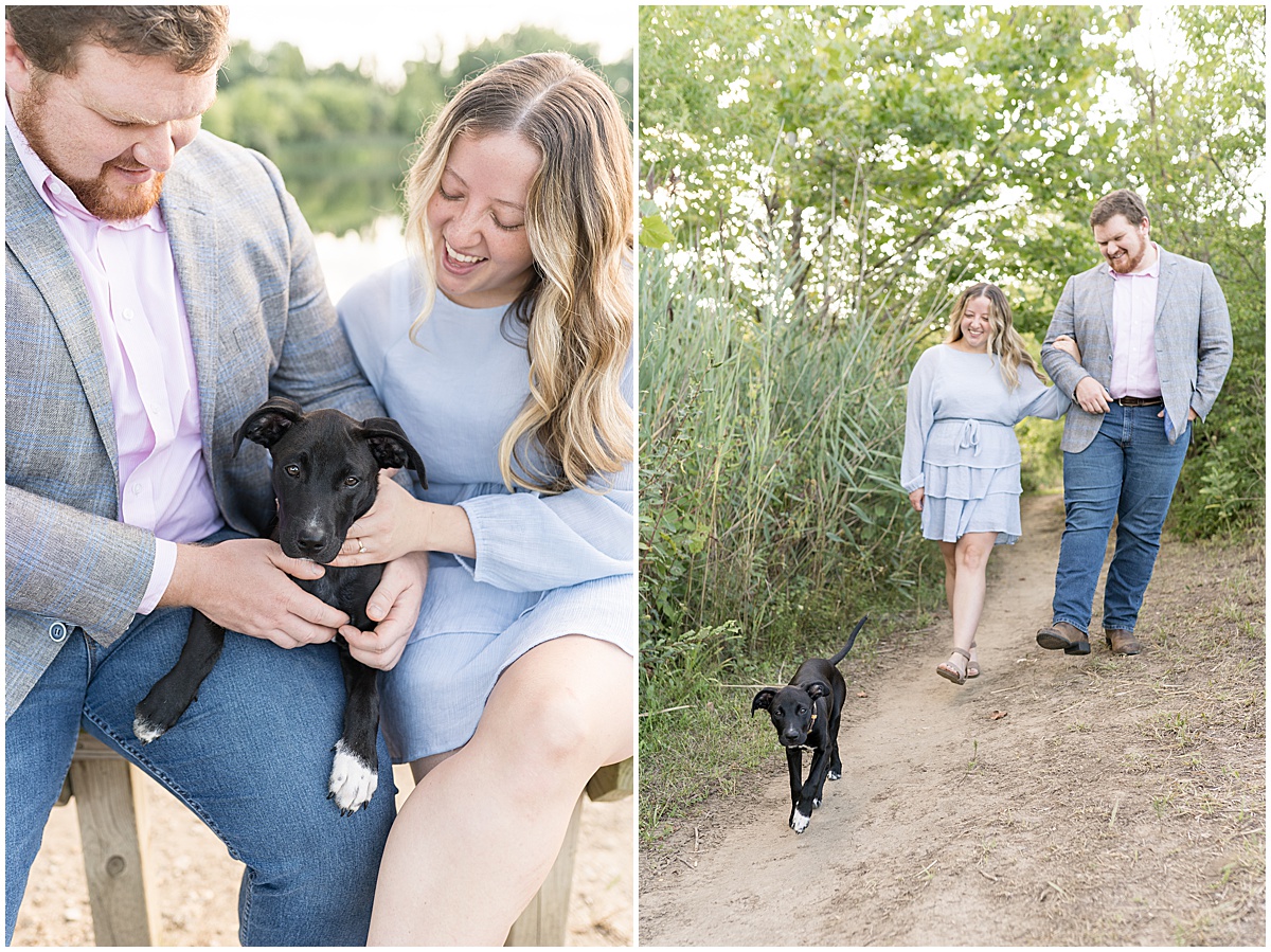 Couple walking dog on path during summer engagement photos at Fairfield Lakes Park