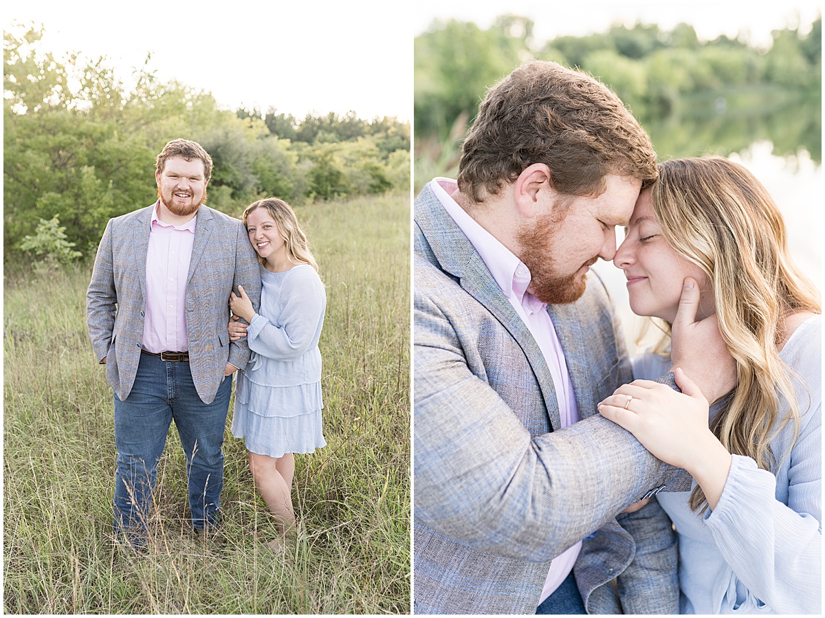 Couple standing in grassy field at summer engagement photos at Fairfield Lakes Park