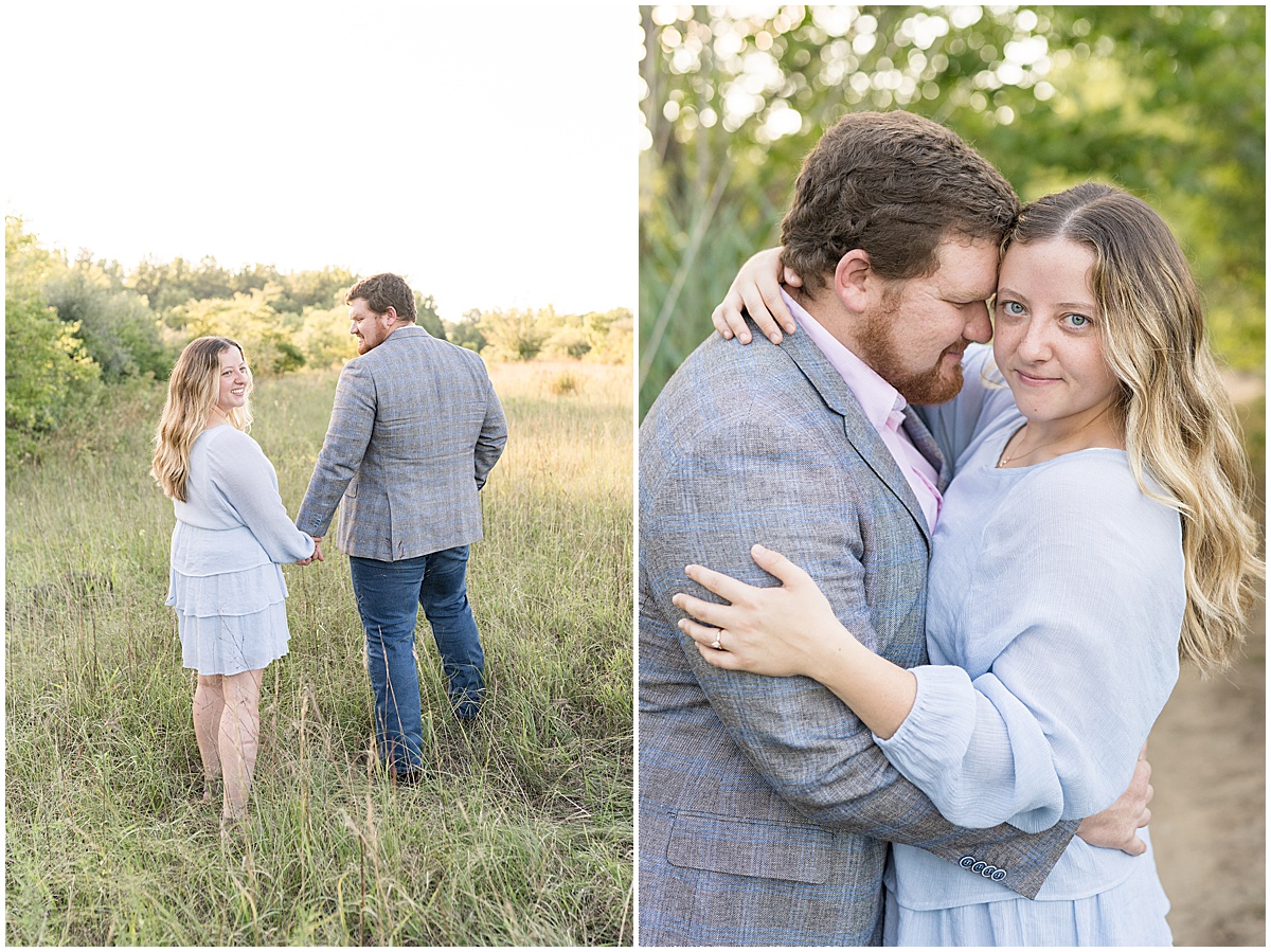 Couple holding hands during summer engagement photos at Fairfield Lakes Park
