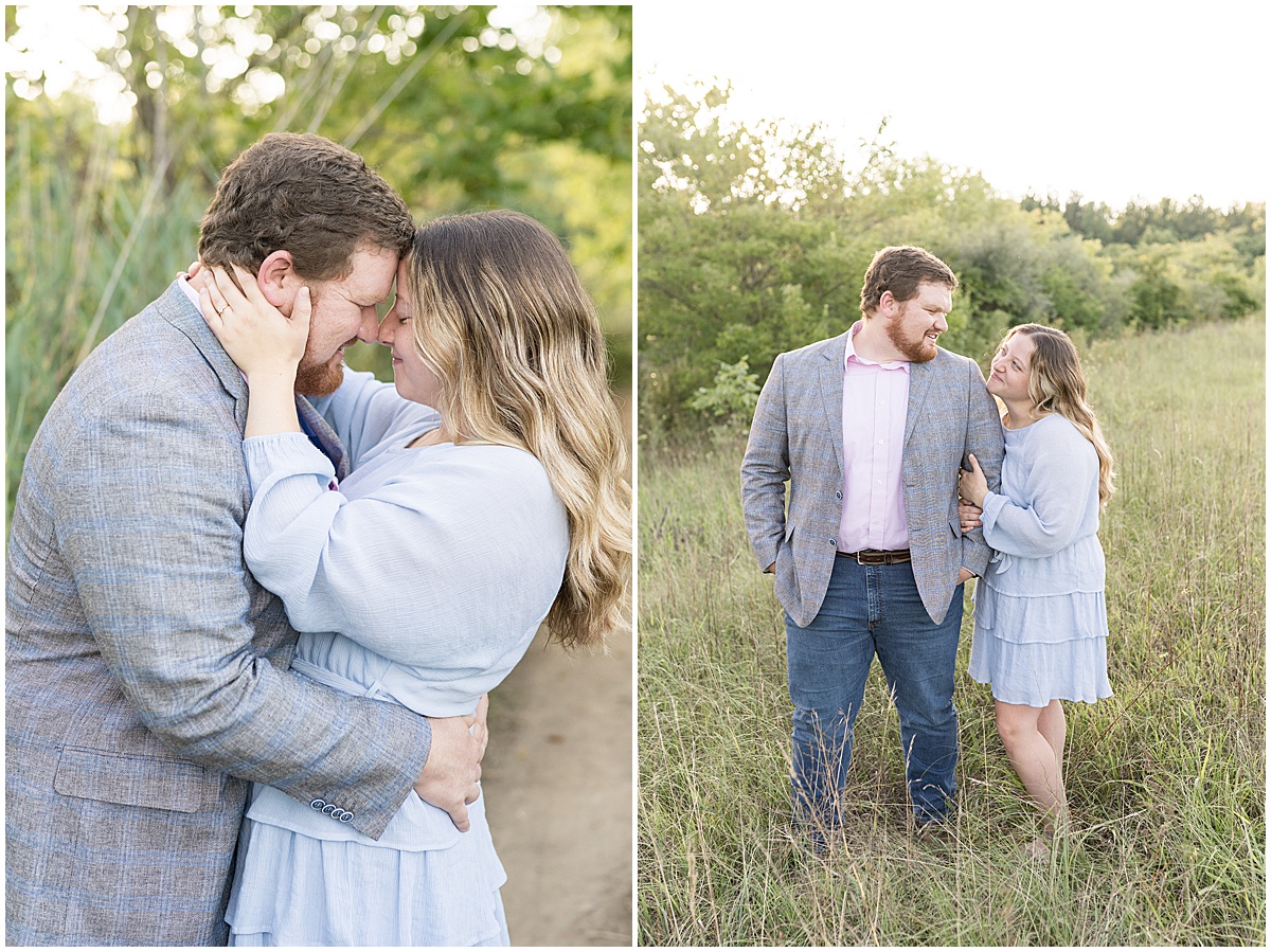 Couple hold on to each other during summer engagement photos at Fairfield Lakes Park