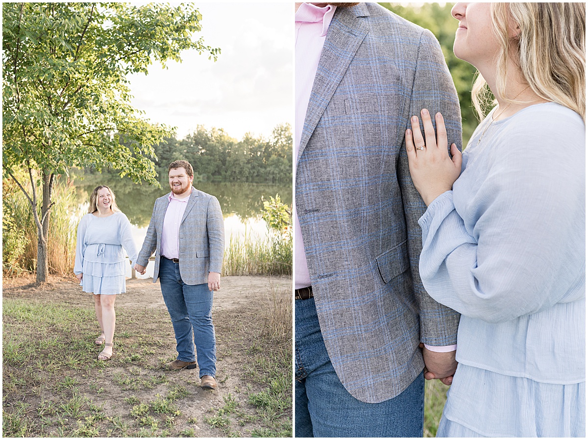 Couple holding hands by water at summer engagement photos at Fairfield Lakes Park