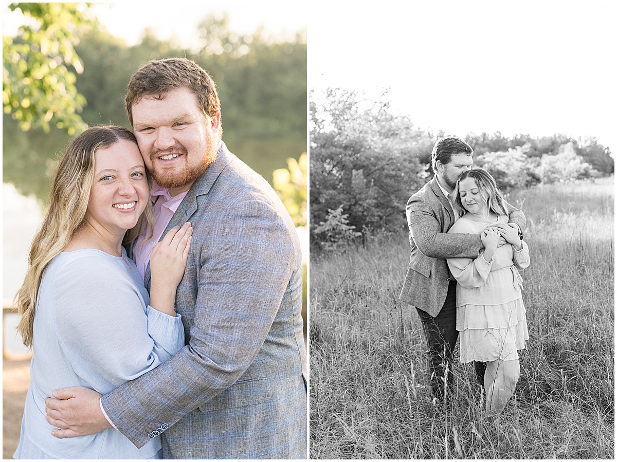 Couple hugging each other during summer engagement photos at Fairfield Lakes Park