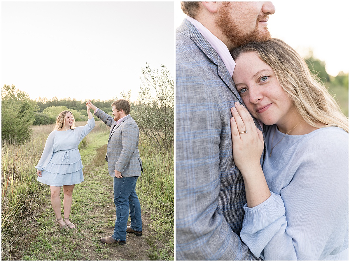 Couple dancing on path during summer engagement photos at Fairfield Lakes Park