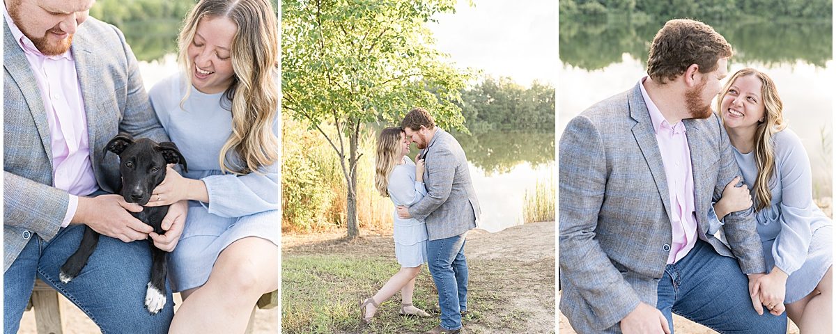 Couple get close by water during summer engagement photos at Fairfield Lakes Park