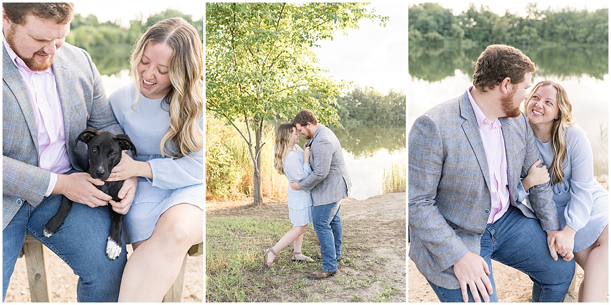 Couple get close by water during summer engagement photos at Fairfield Lakes Park