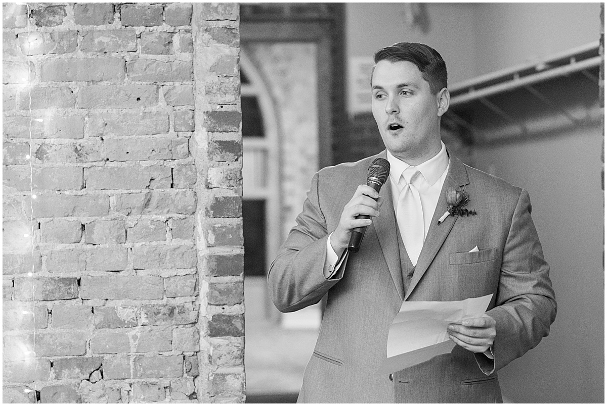 Speeches at fall wedding at The Rat Pak Venue in Downtown Lafayette, Indiana