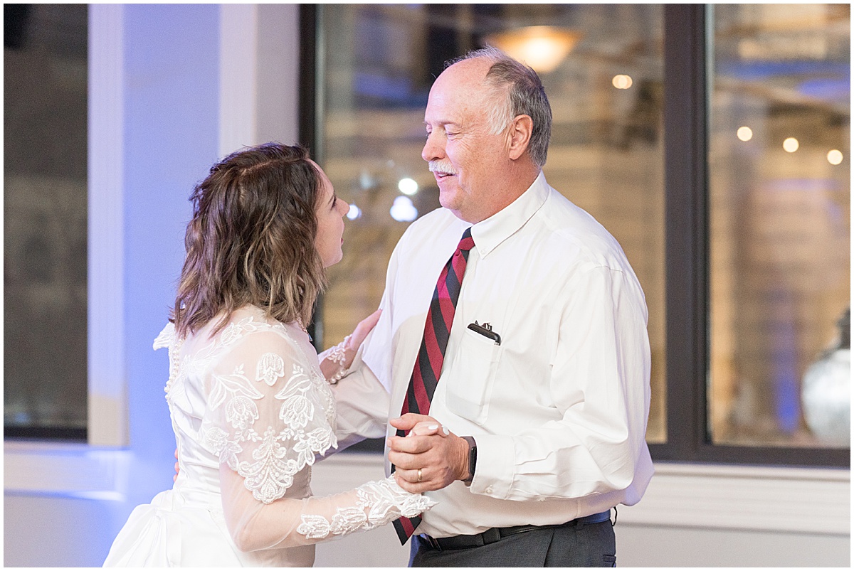 Parent dances at fall wedding at The Rat Pak Venue in Downtown Lafayette, Indiana