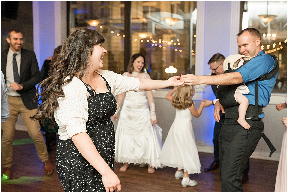 Reception dancing at fall wedding at The Rat Pak Venue in Downtown Lafayette, Indiana
