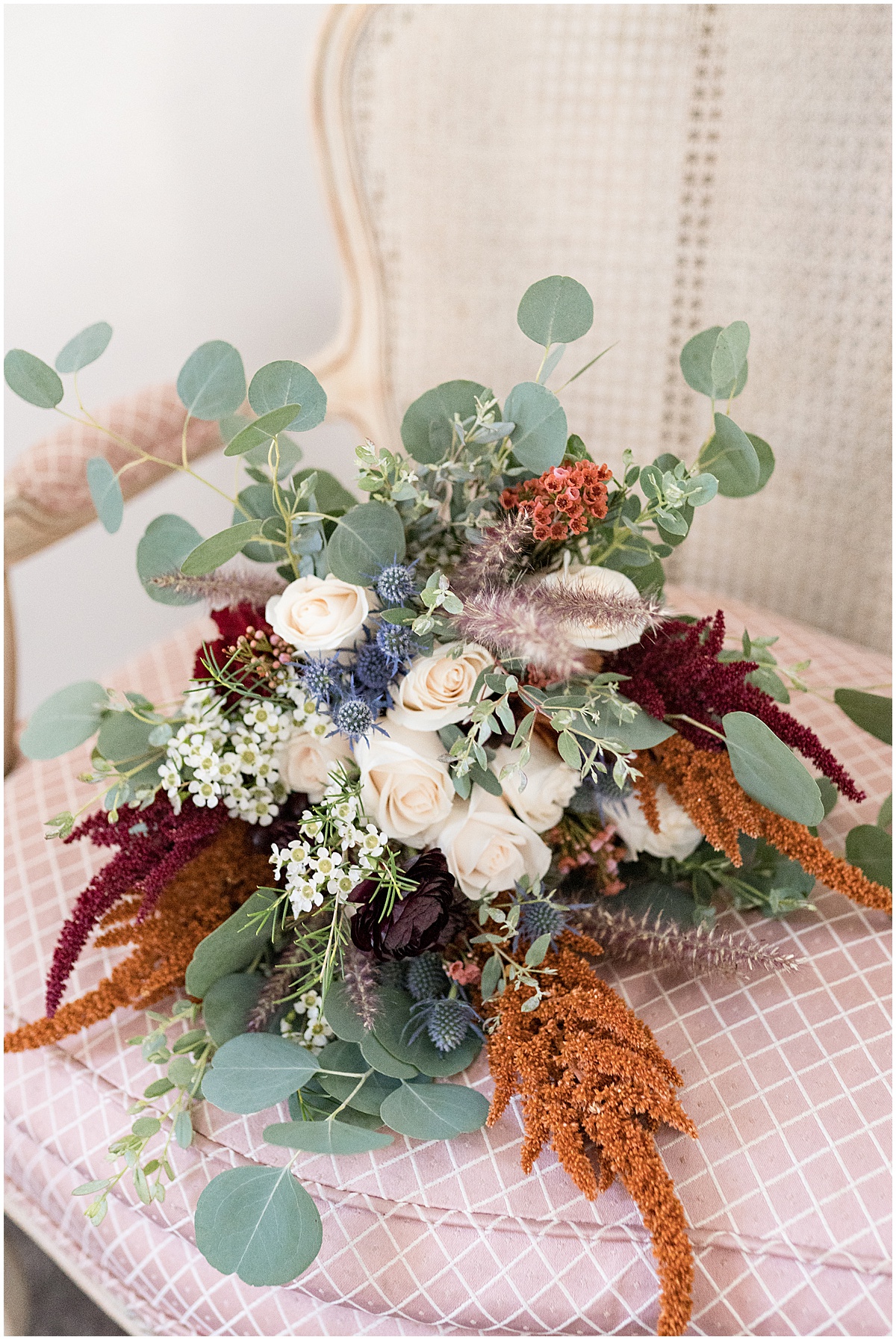 Fall colored bouquet for Finley Creek Vineyards wedding in Zionsville, Indiana