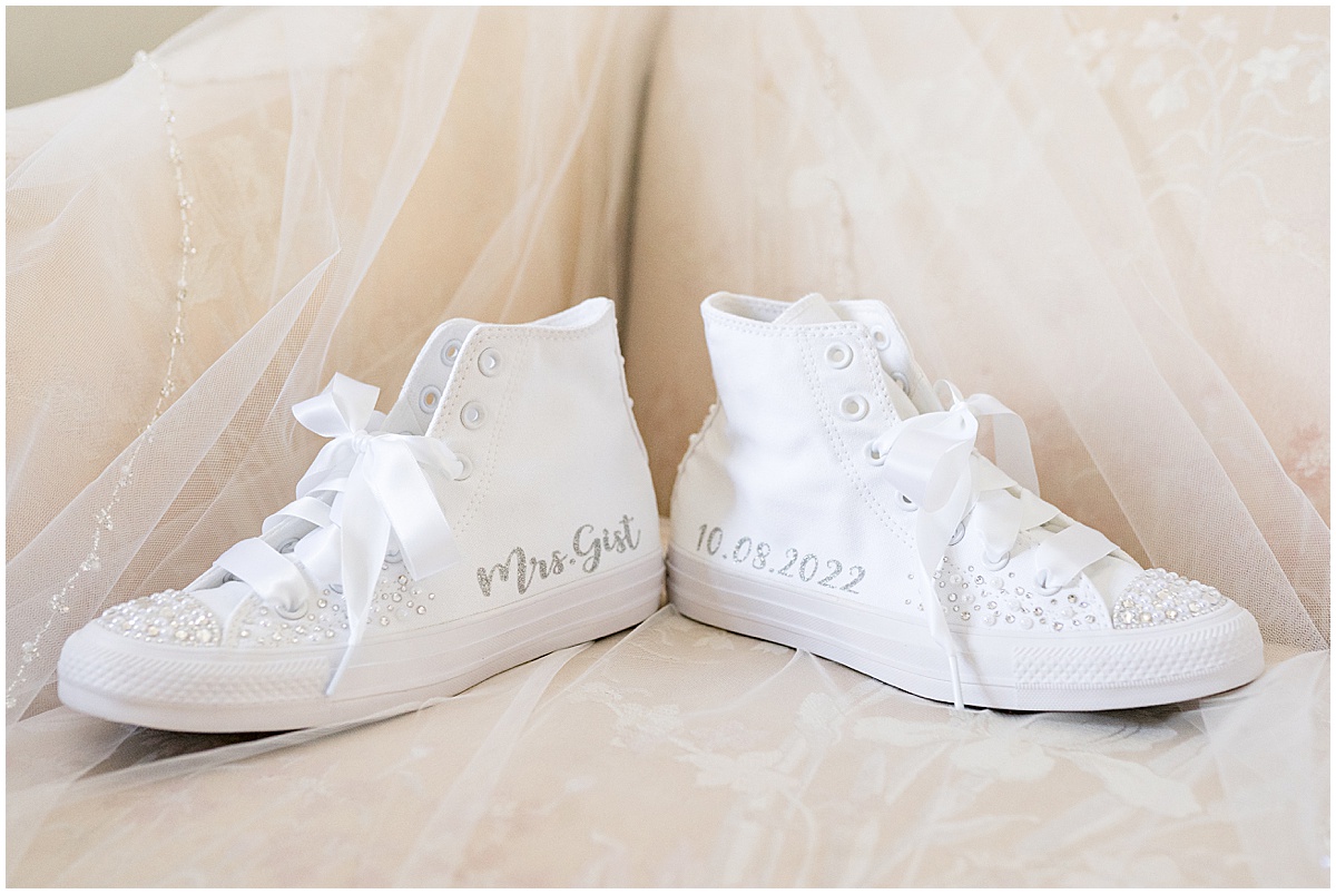 Personalized white wedding sneakers for Finley Creek Vineyards wedding in Zionsville, Indiana