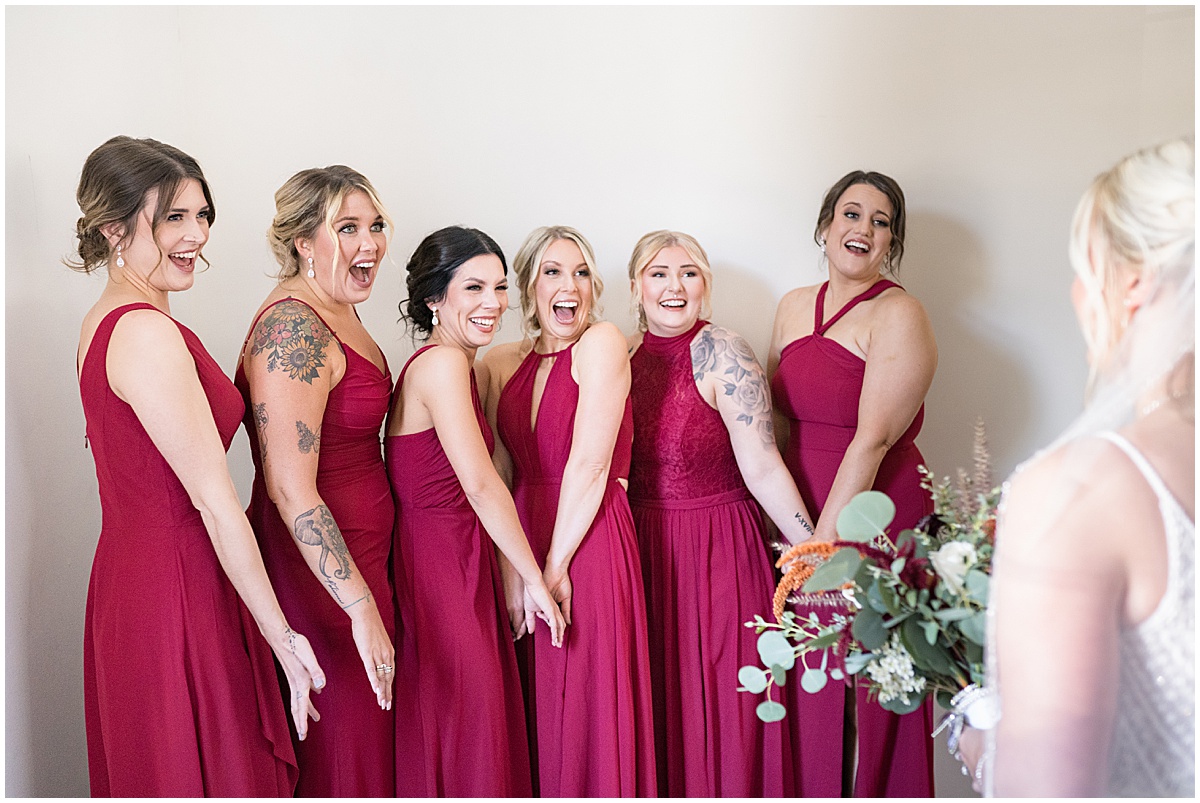 Bridesmaids first look reaction before Finley Creek Vineyards wedding in Zionsville, Indiana