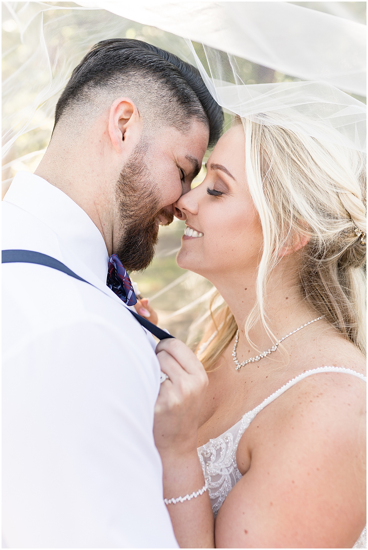 Bride and groom kiss under veil at Finley Creek Vineyards wedding in Zionsville, Indiana
