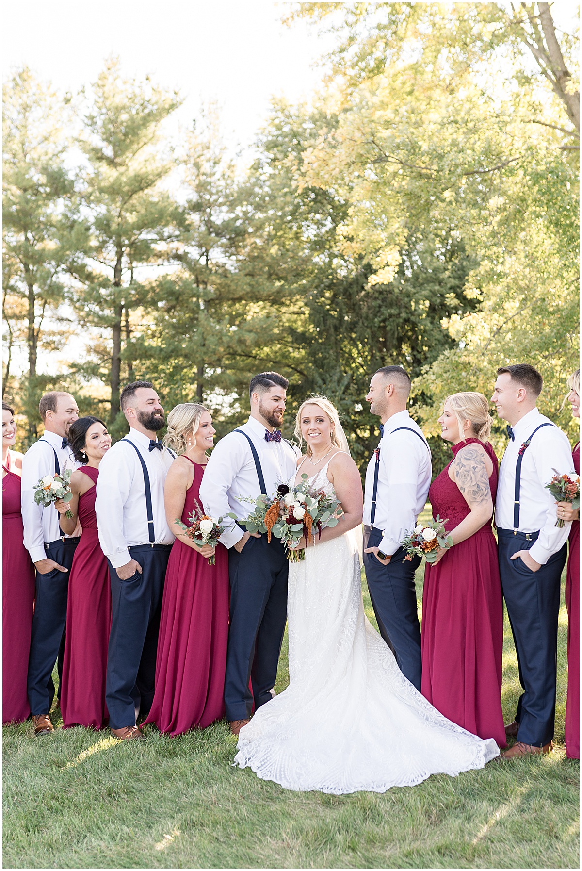 Bridal party photos in navy and maroon at Finley Creek Vineyards wedding in Zionsville, Indiana