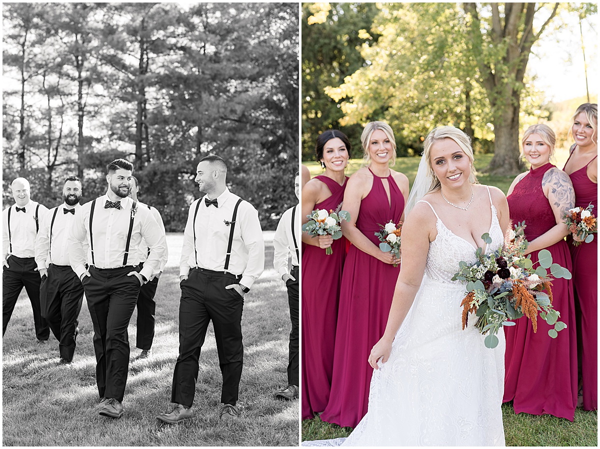 Bridal party walk in grass at Finley Creek Vineyards wedding in Zionsville, Indiana