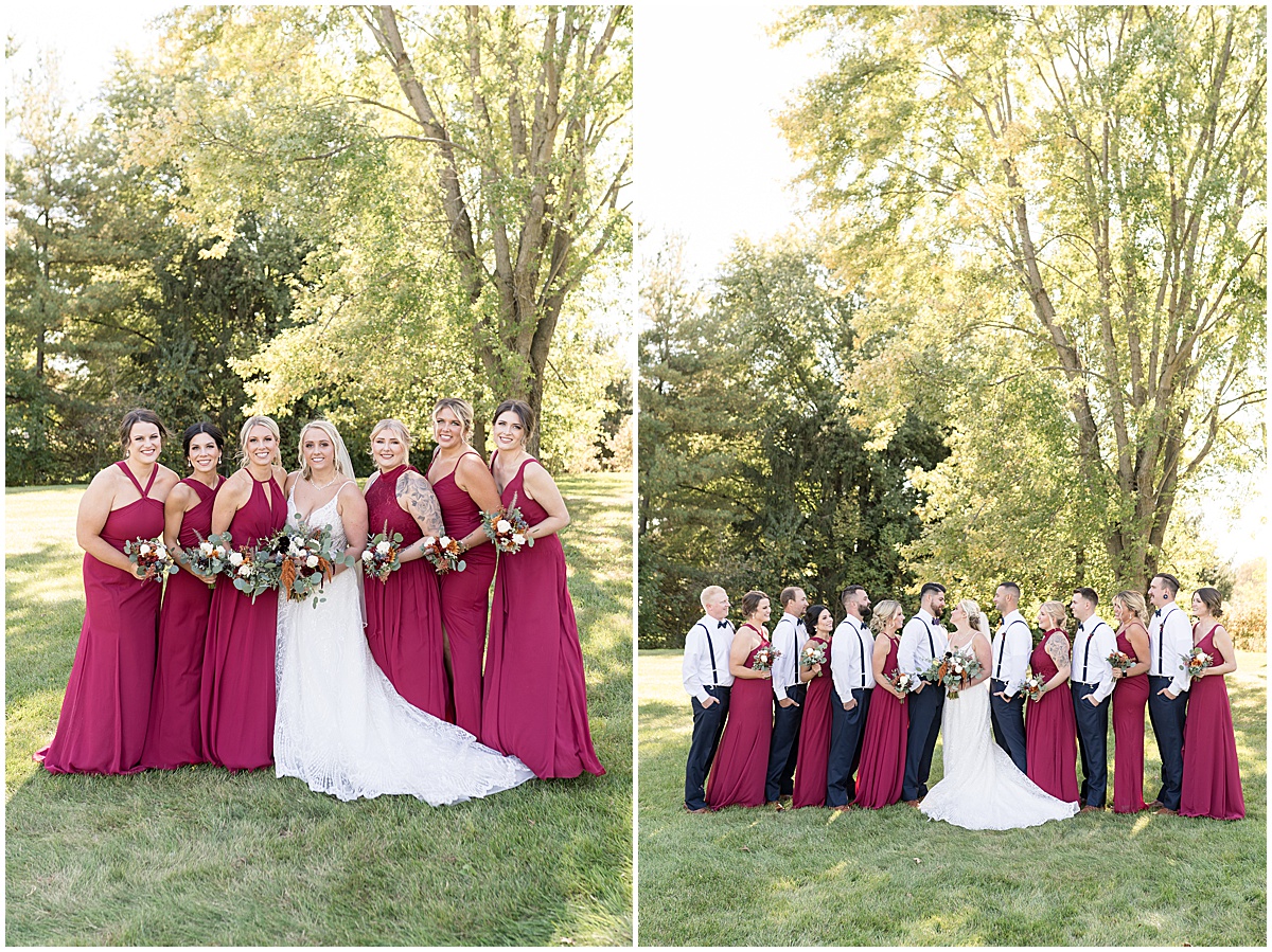 Bridal party in navy and maroon before Finley Creek Vineyards wedding in Zionsville, Indiana