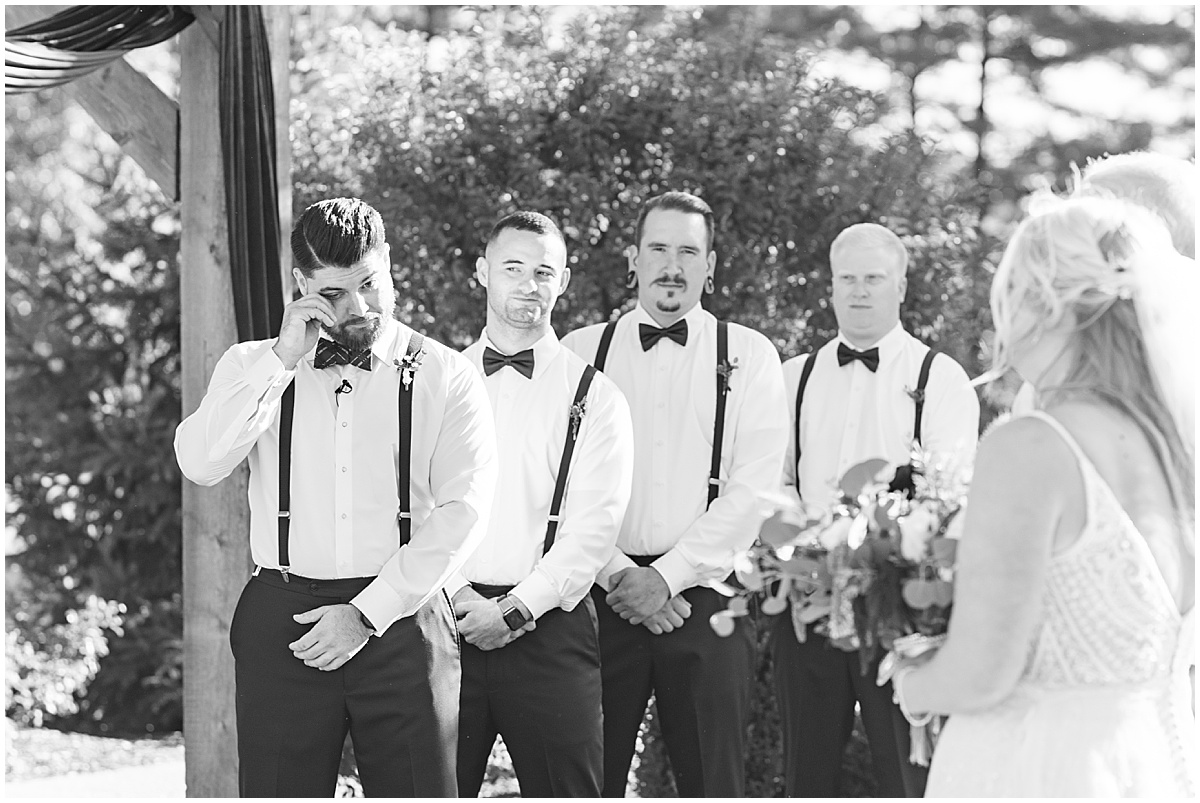 Groom crying when sees bride at Finley Creek Vineyards wedding in Zionsville, Indiana