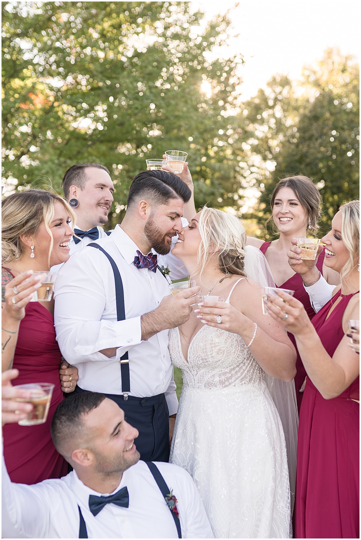 Bridal party celebrate after Finley Creek Vineyards wedding in Zionsville, Indiana