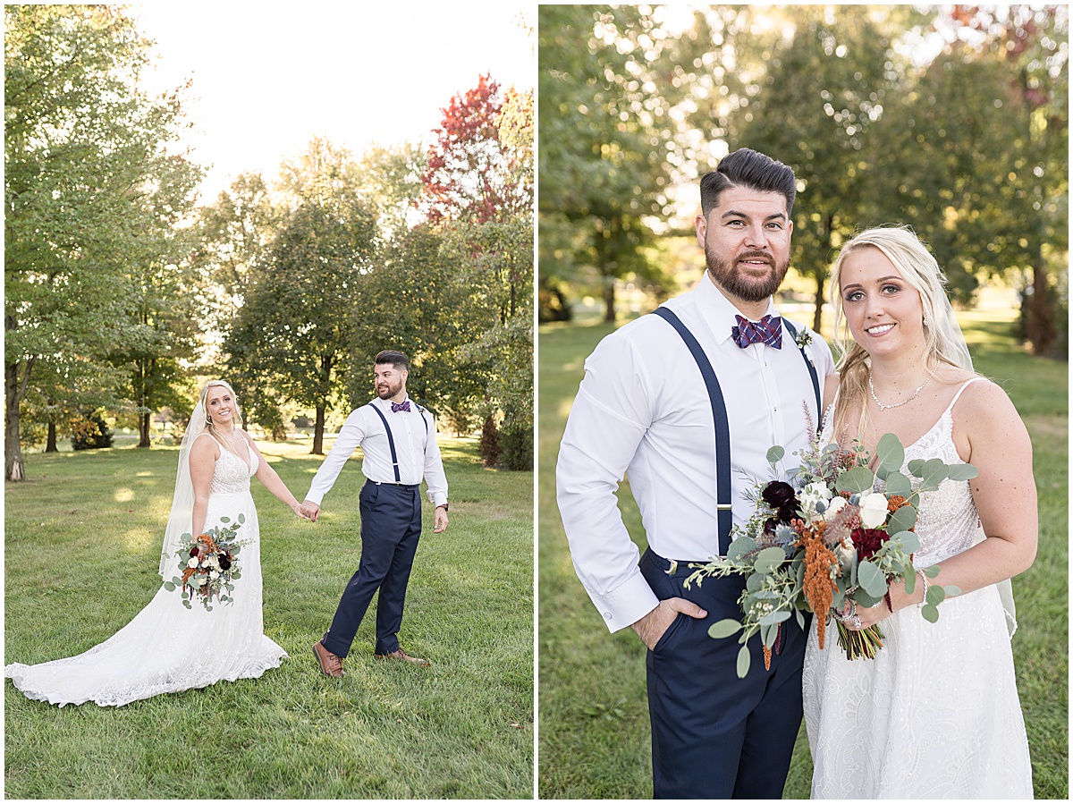 Newlyweds walk together at Finley Creek Vineyards wedding in Zionsville, Indiana