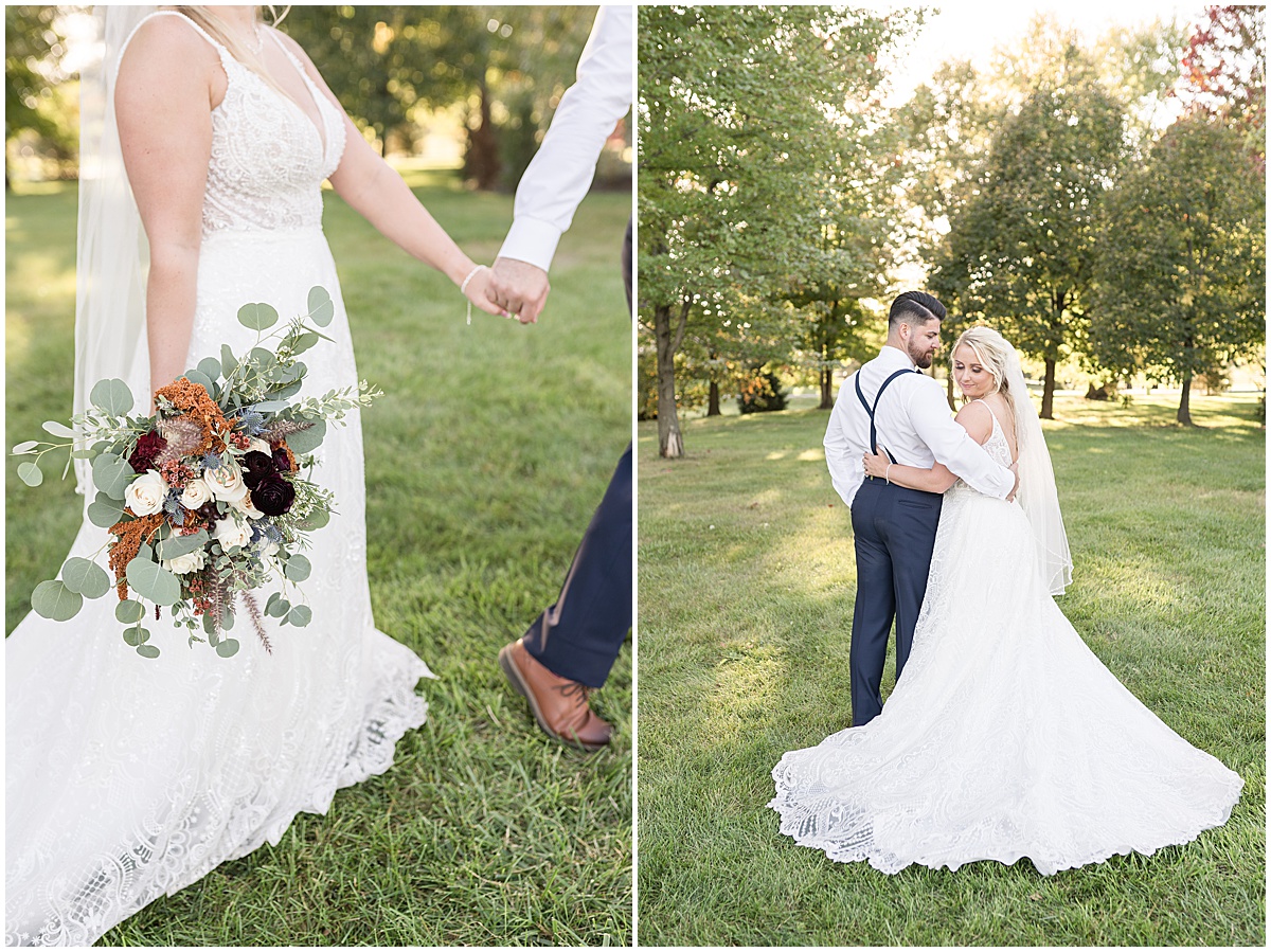 Bride and groom hold hands after Finley Creek Vineyards wedding in Zionsville, Indiana